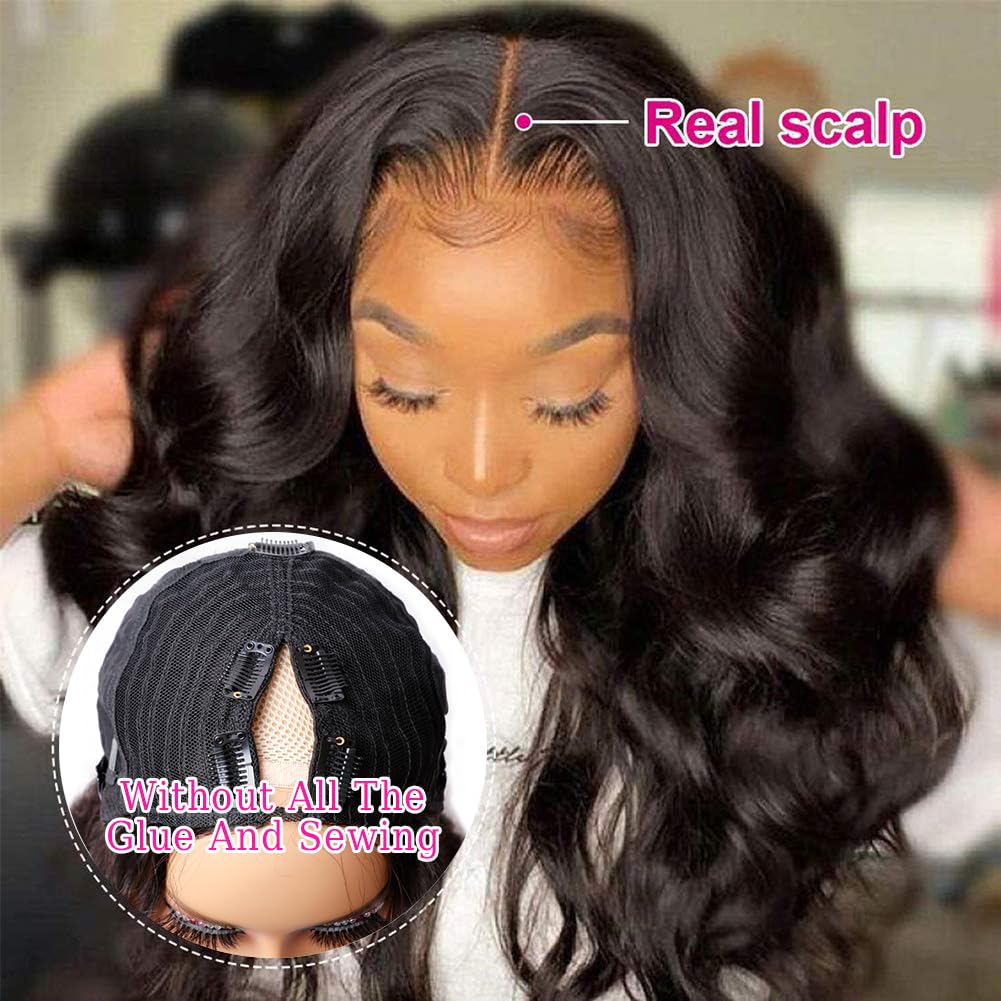 【Updated with Drawstring】Mamushow Body Wave V Part Wigs With Invisible Strap Drawstring 100% Human Virgin Hair Glueless Wig 180% Density Natural Black
