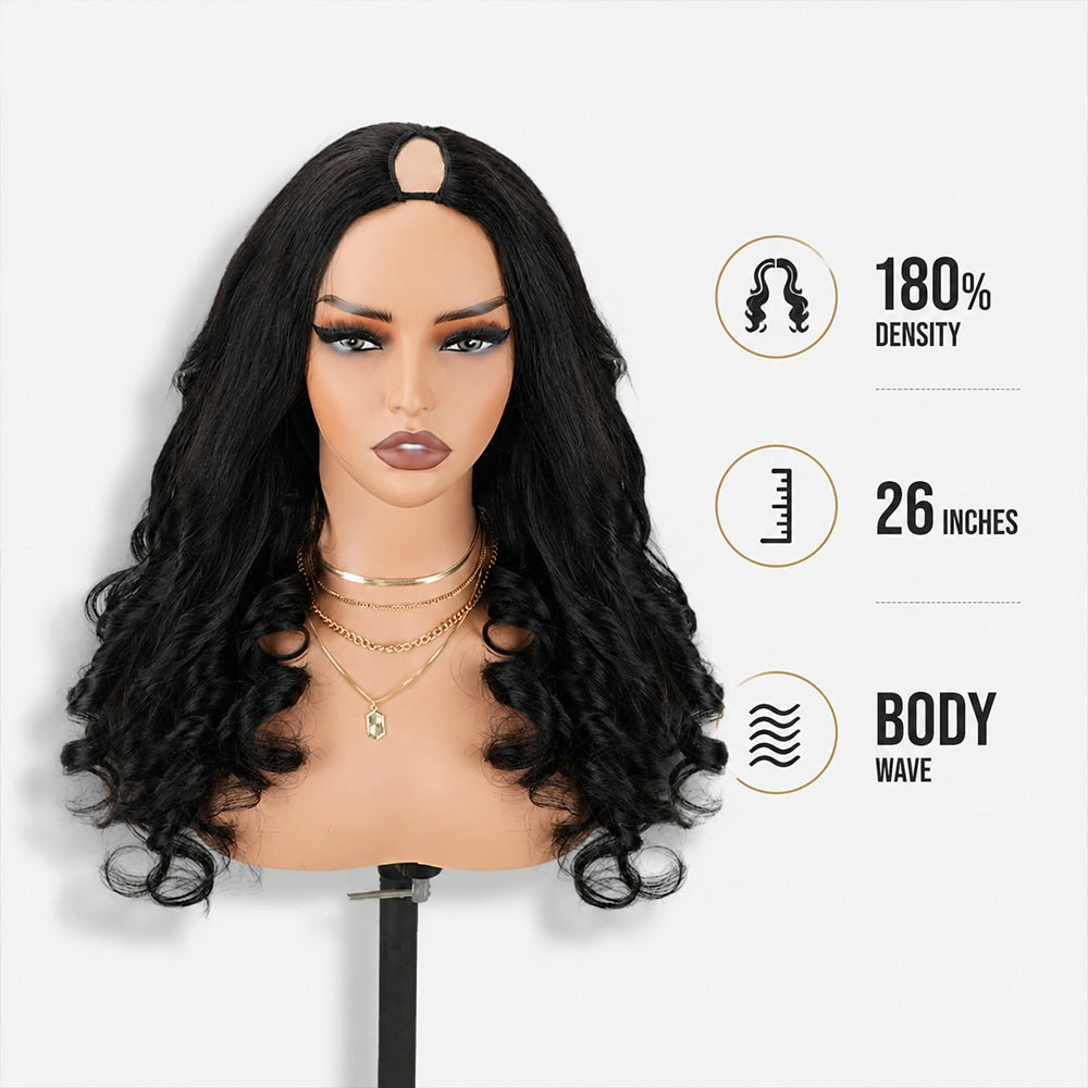 【Updated with Drawstring】Mamushow Body Wave V Part Wigs With Invisible Strap Drawstring 100% Human Virgin Hair Glueless Wig 180% Density Natural Black