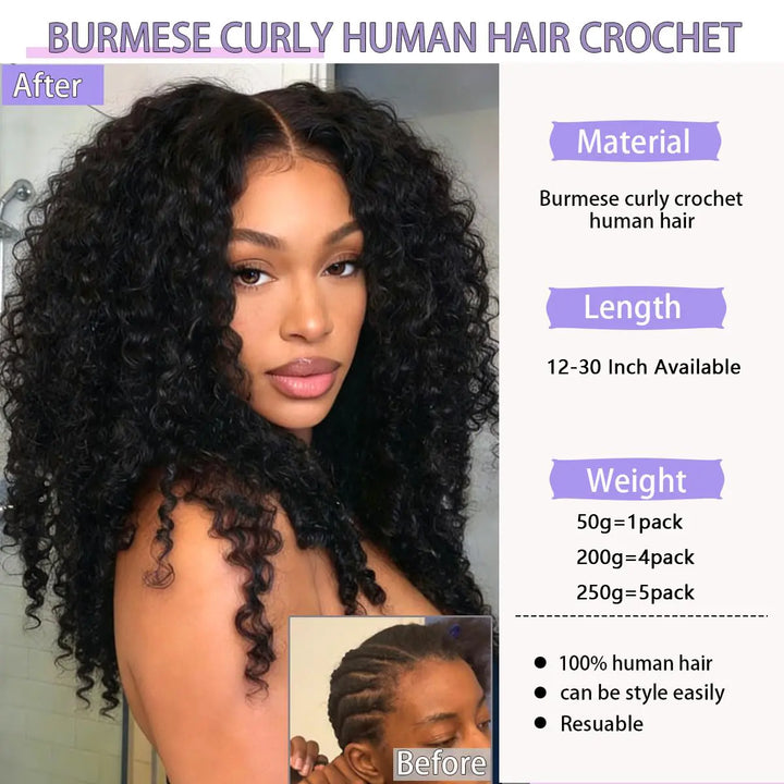 Mamushow Feather Crochet Human Hair Bundles for Miracle Knots Human Hair Burmese Curly Pre-Separated 50g/Pack Reusable Invisible 100% Virgin Human Hair Crochet Extensions Natural Black