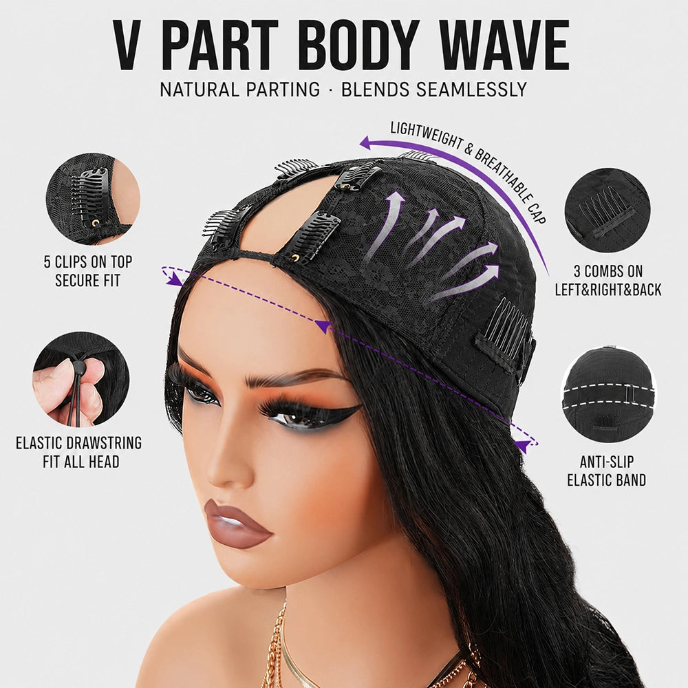 【Updated with Drawstring】Mamushow Body Wave V Part Wigs With Invisible Strap Drawstring 100% Human Virgin Hair Glueless Wig 180% Density Natural Black