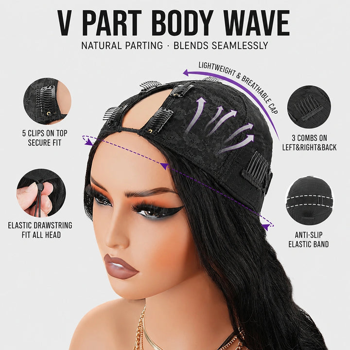 【Updated with Drawstring】Mamushow Body Wave V Part Wigs With Invisible Strap Drawstring 100% Human Virgin Hair Glueless Wig 180% Density Natural Black