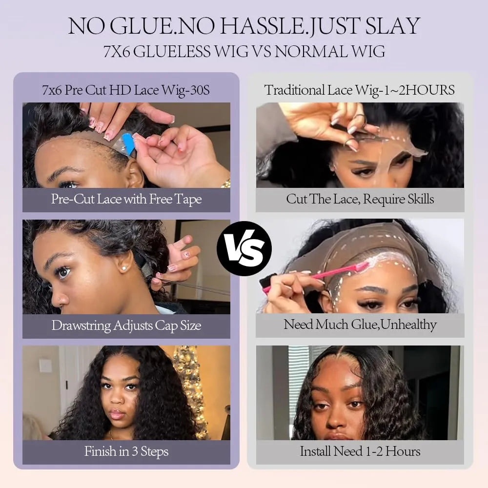 Wear &amp; Go 7x6 Water Wave Wig Lace Front Glueless Wig Invisible Drawstring