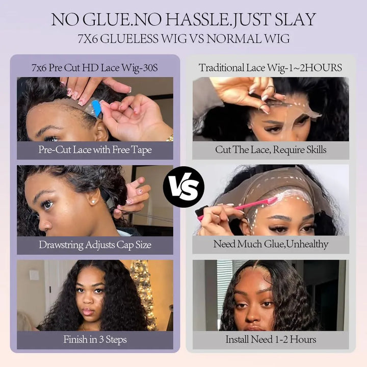 Wear &amp; Go 7x6 Water Wave Wig Lace Front Glueless Wig Invisible Drawstring