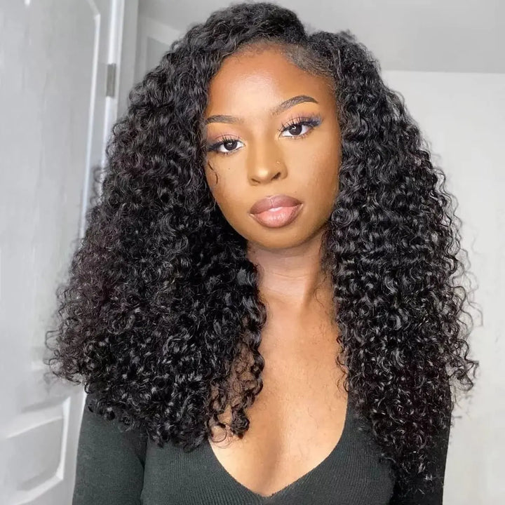 【Updated Drawstring】Mamushow Curly V Part Wig Human Hair Glueless Invisible Strap Drawstring 180% Density Natural Black