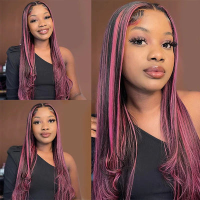 Black Hair With Purple Red Highlights Lace frontal Wigs Human Hair Body Wave/Straight Color Wig