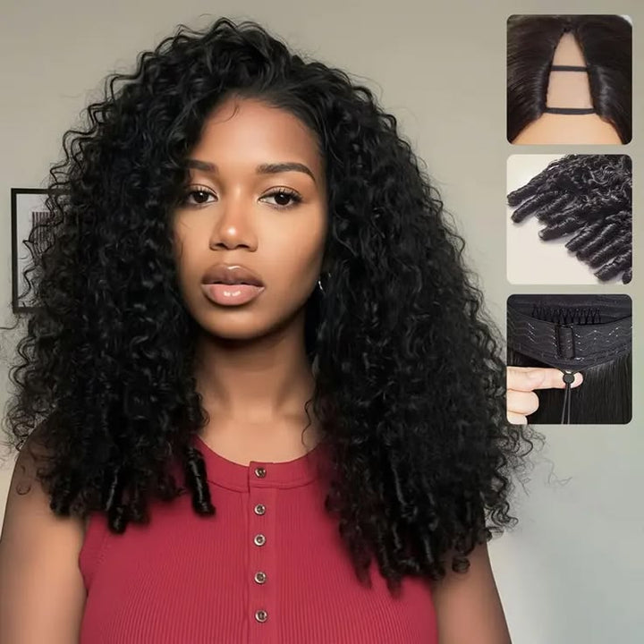【Updated Drawstring】Mamushow Burmese Curly V Part Wig Human Hair Glueless Invisible Strap Drawstring 180% Density Natural Black