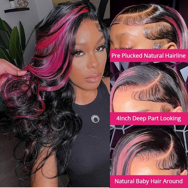 Black Hair With Purple Red Highlights Lace frontal Wigs Human Hair Body Wave/Straight Color Wig