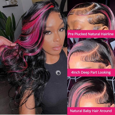 Black Hair With Purple Red Highlights Lace frontal Wigs Human Hair Body Wave/Straight Color Wig
