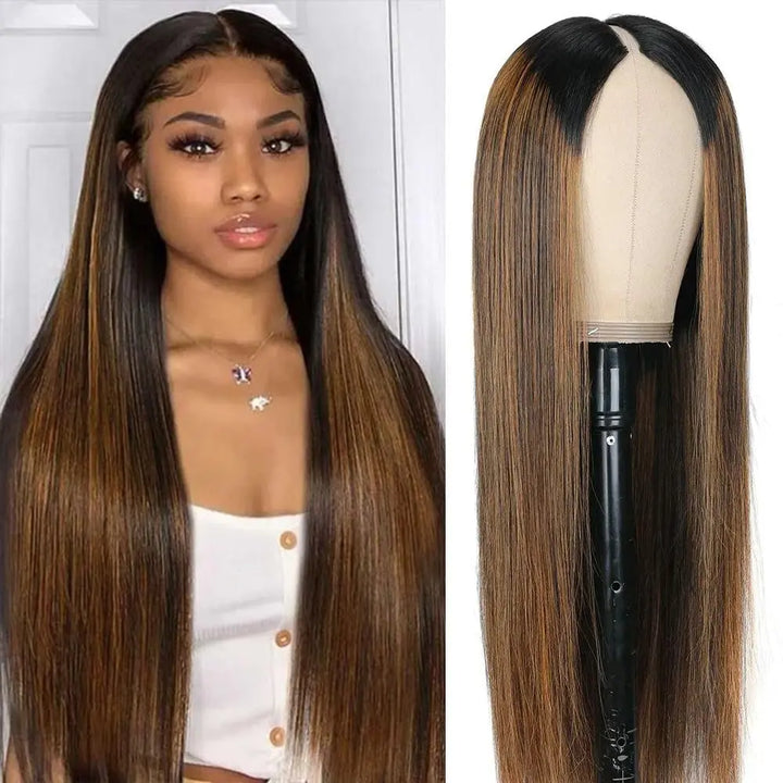 Highlight Ombre Brown V Part Wig Straight Human Hair 180% Density Glueless Clip-In Wig Full Head 