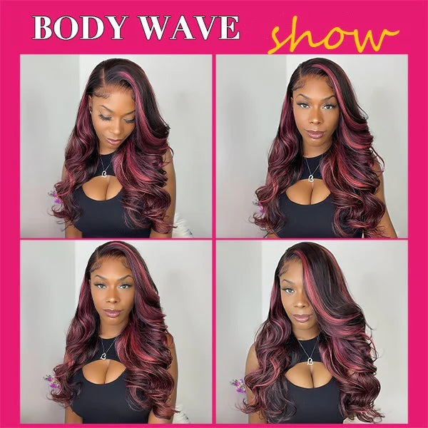Black Hair With Purple Red Highlights Lace frontal Wigs Human Hair Body Wave/Straight Color Wig