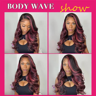 Black Hair With Purple Red Highlights Lace frontal Wigs Human Hair Body Wave/Straight Color Wig