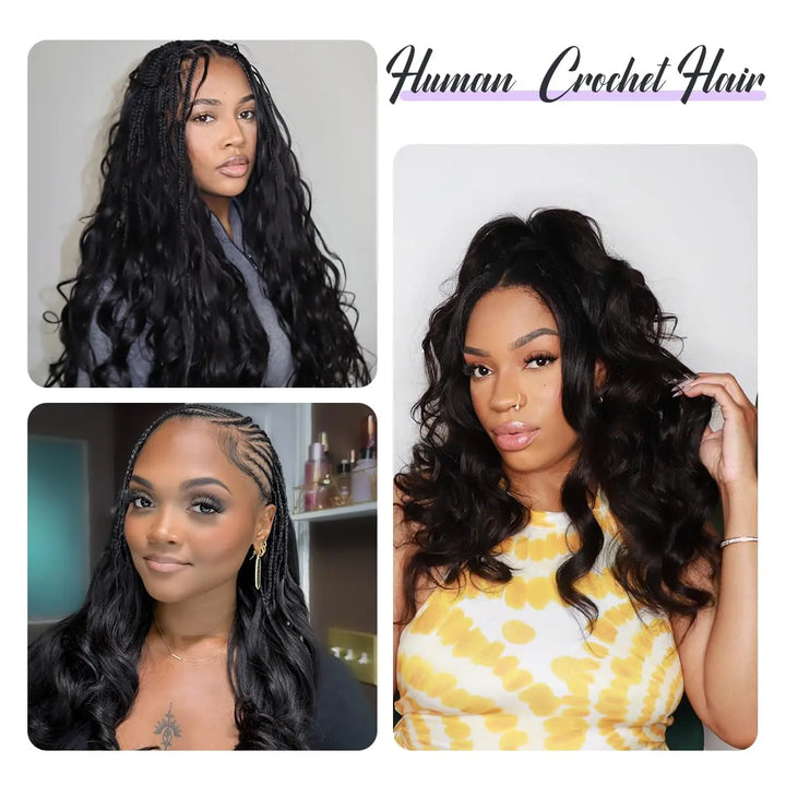 Mamushow Natural Black Feather Crochet Body Wave Human Hair Extensions Lightweight Fluffy Natural Look Crochet Hair