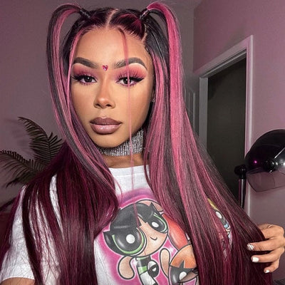 Black Hair With Purple Red Highlights Lace frontal Wigs Human Hair Body Wave/Straight Color Wig