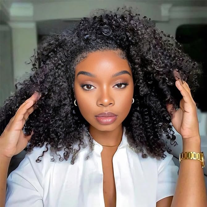 3-in-1 Afro Curly Half Wig Human Hair 180% Density Glueless Drawstring Wig Flexi-Fit Easy Wear
