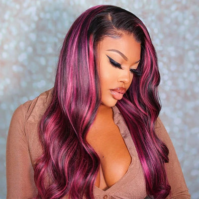 Black Hair With Purple Red Highlights Lace frontal Wigs Human Hair Body Wave/Straight Color Wig