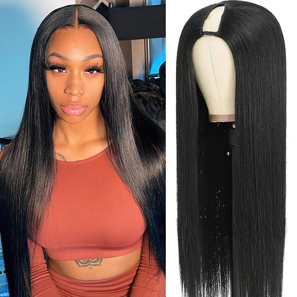 【Updated Drawstring】Mamushow Kinky Straight V Part Wig Human Hair Glueless Invisible Strap Drawstring 180% Density Natural Black