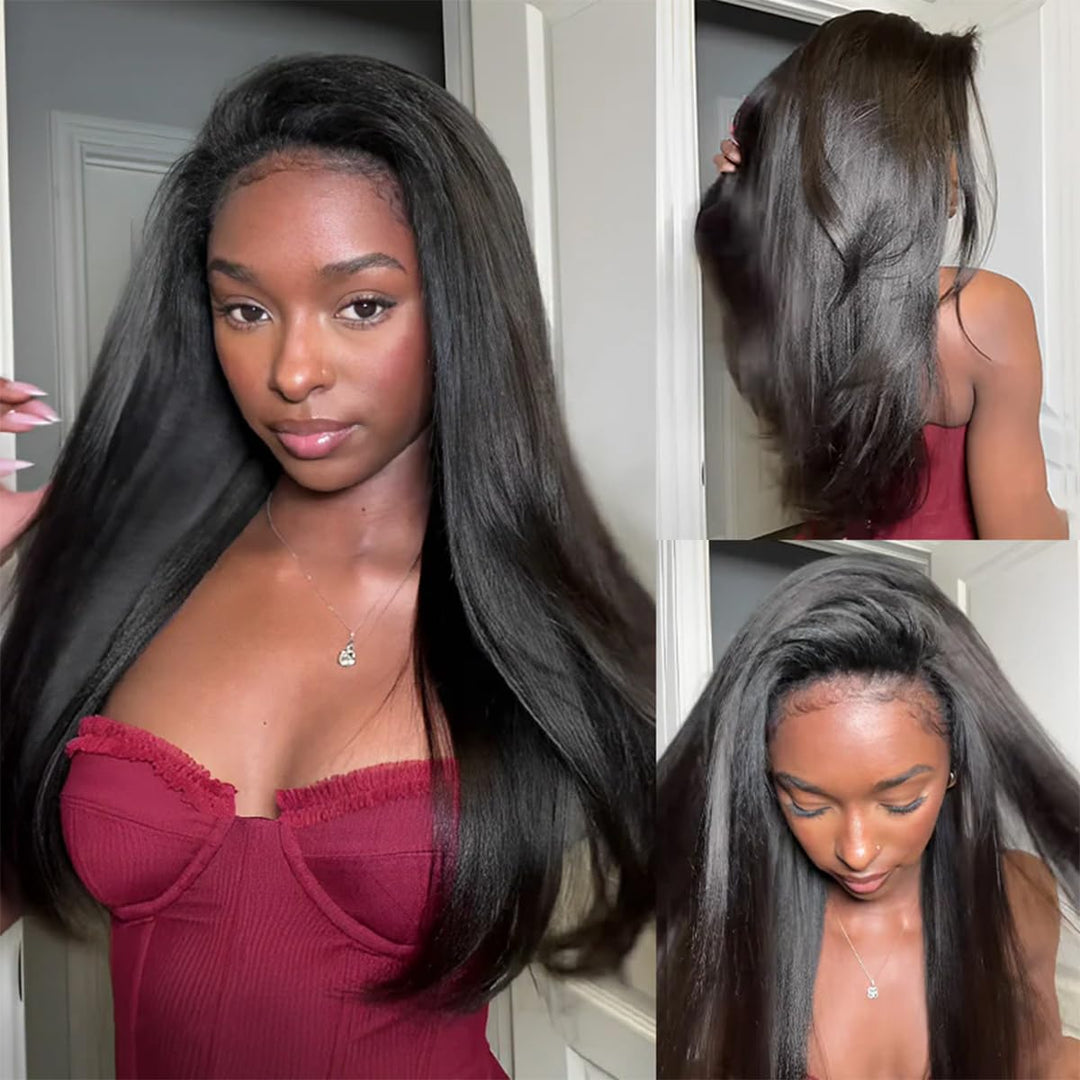 3-in-1 Yaki Straight Half Wig Human Hair 180% Density Glueless Drawstring Wig Flexi-Fit Easy Wear