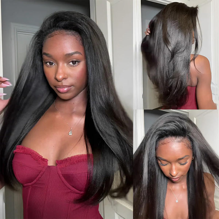 3-in-1 Yaki Straight Half Wig Human Hair 180% Density Glueless Drawstring Wig Flexi-Fit Easy Wear