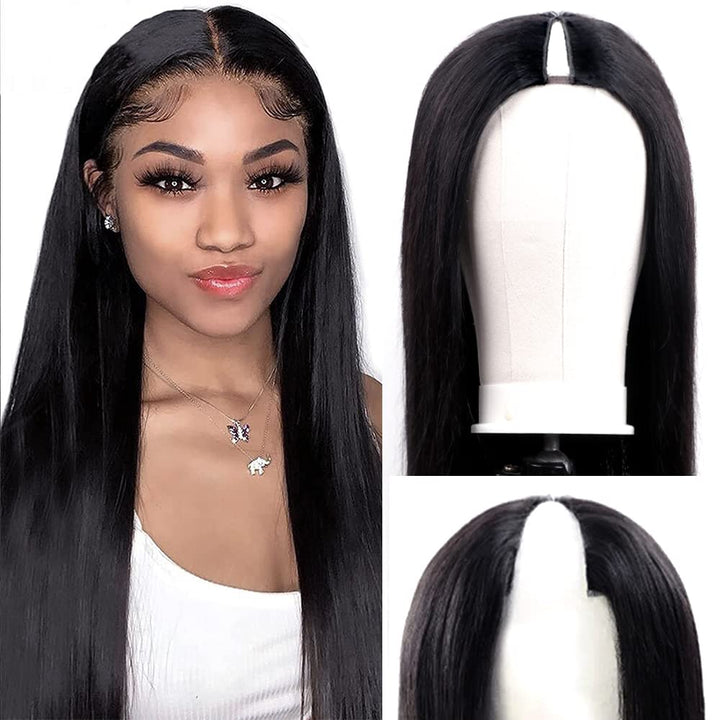 【Updated Drawstring】Mamushow Kinky Straight V Part Wig Human Hair Glueless Invisible Strap Drawstring 180% Density Natural Black