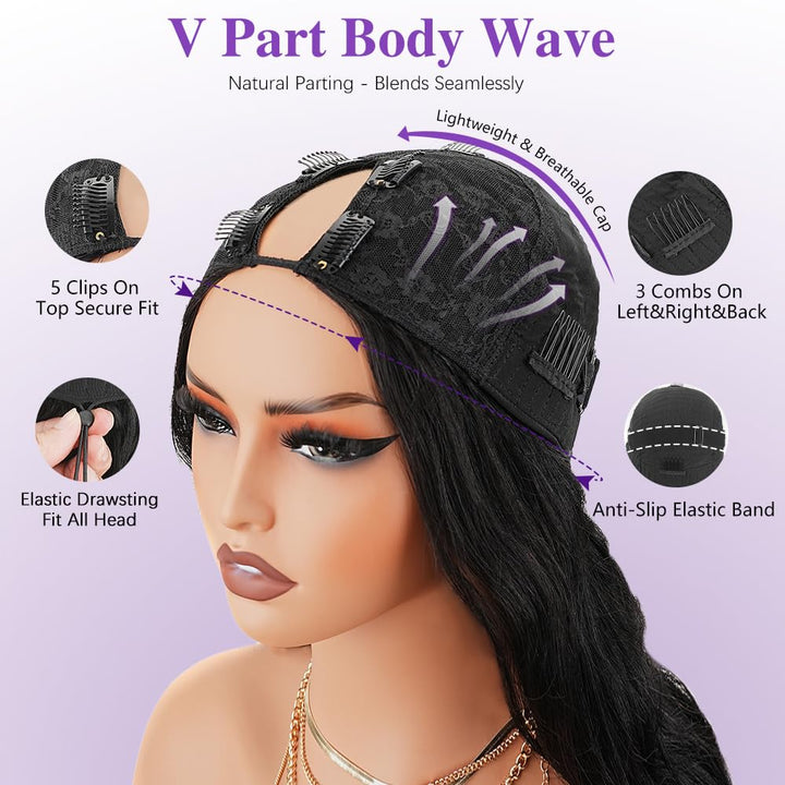 【Updated with Drawstring】Mamushow Body Wave V Part Wigs With Invisible Strap Drawstring 100% Human Virgin Hair Glueless Wig 180% Density Natural Black