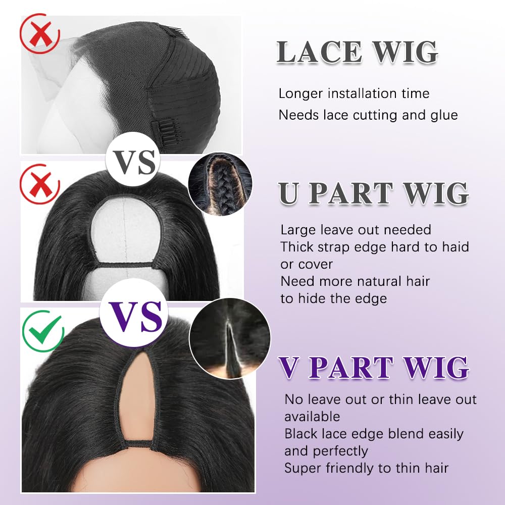 【Updated with Drawstring】Mamushow Body Wave V Part Wigs With Invisible Strap Drawstring 100% Human Virgin Hair Glueless Wig 180% Density Natural Black