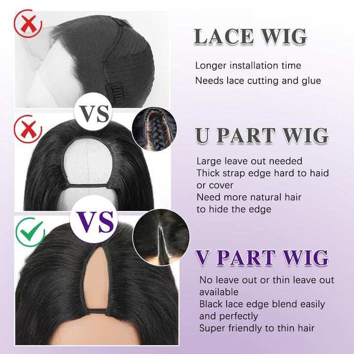 【Updated with Drawstring】Mamushow Body Wave V Part Wigs With Invisible Strap Drawstring 100% Human Virgin Hair Glueless Wig 180% Density Natural Black