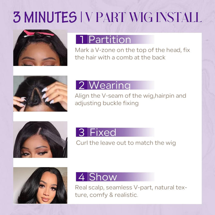 【Updated with Drawstring】Mamushow Body Wave V Part Wigs With Invisible Strap Drawstring 100% Human Virgin Hair Glueless Wig 180% Density Natural Black