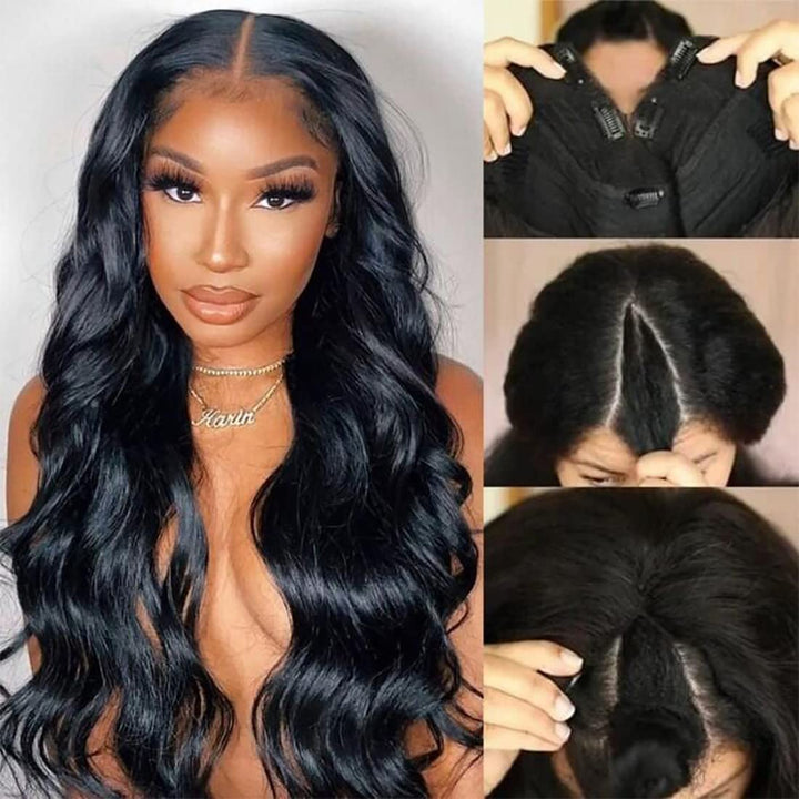 【Updated with Drawstring】Mamushow Body Wave V Part Wigs With Invisible Strap Drawstring 100% Human Virgin Hair Glueless Wig 180% Density Natural Black