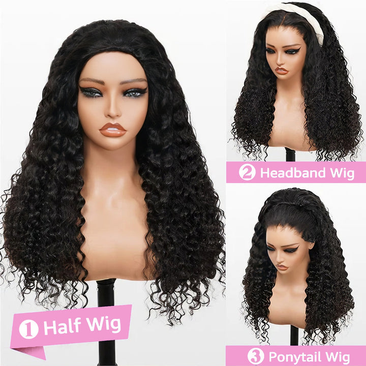 3-in-1 Deep Wave Half Wig Human Hair 180% Density Glueless Drawstring Wig Flexi-Fit Easy Wear