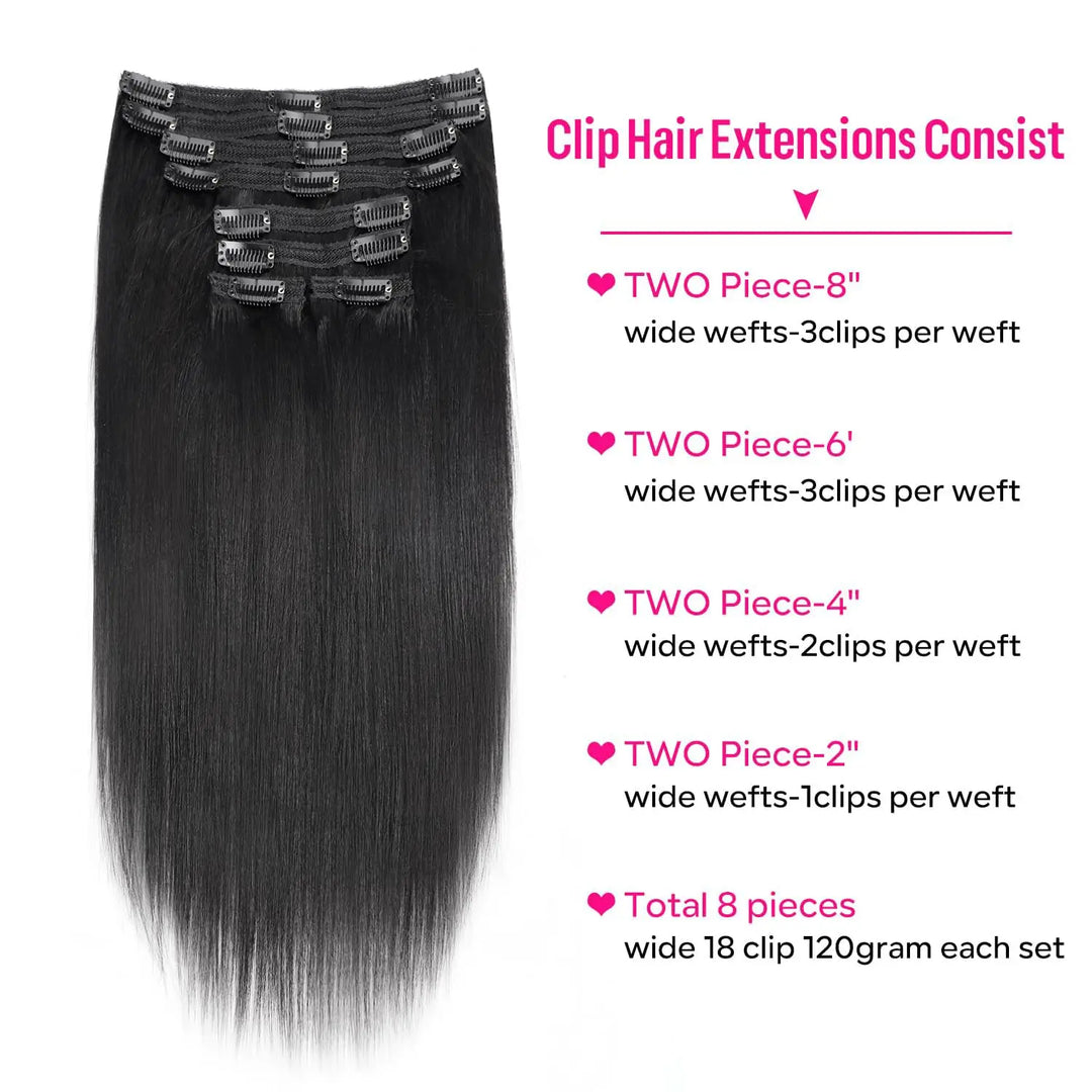 Mamushow Straight Seamless PU Clip-In Human Hair Extensions Natural Black 120g 8 Pcs 18 Clips 12-30 Inch