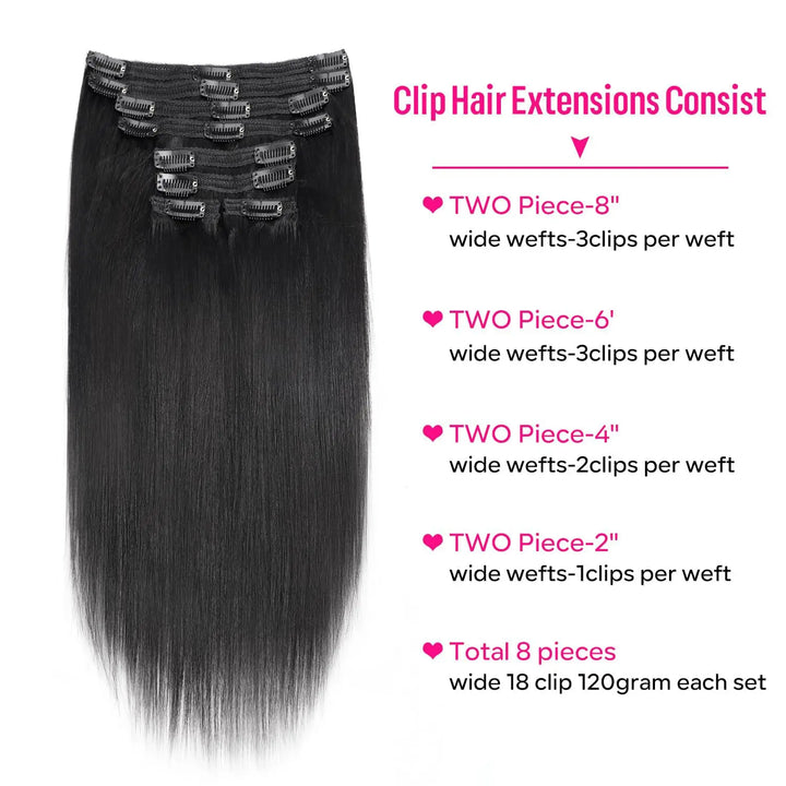 Mamushow Straight Seamless PU Clip-In Human Hair Extensions Natural Black 120g 8 Pcs 18 Clips 12-30 Inch