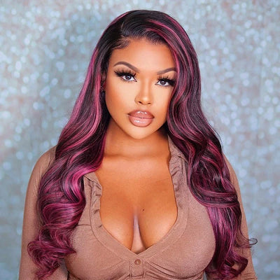 Black Hair With Purple Red Highlights Lace frontal Wigs Human Hair Body Wave/Straight Color Wig