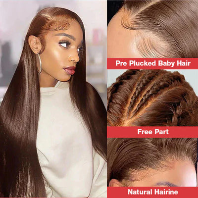 #4 Dark Brown Color Straight Human Hair Lace Front Wigs For women 4x4/13x4 HD Transparent Lace Wig With Baby Hair