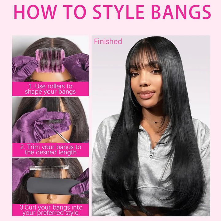[New Upgrade Drawstring] Straight Wig with Bangs Human Hair 2x4 Lace Wig Glueless Machine Made Wig 180% Density Middle Part for Black Women