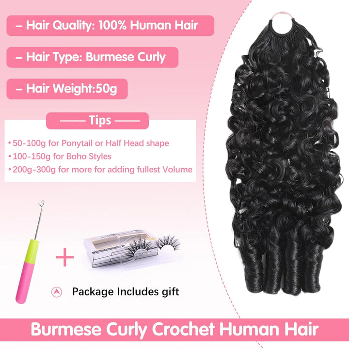 Mamushow Feather Crochet Human Hair Bundles for Miracle Knots Human Hair Burmese Curly Pre-Separated 50g/Pack Reusable Invisible 100% Virgin Human Hair Crochet Extensions Natural Black