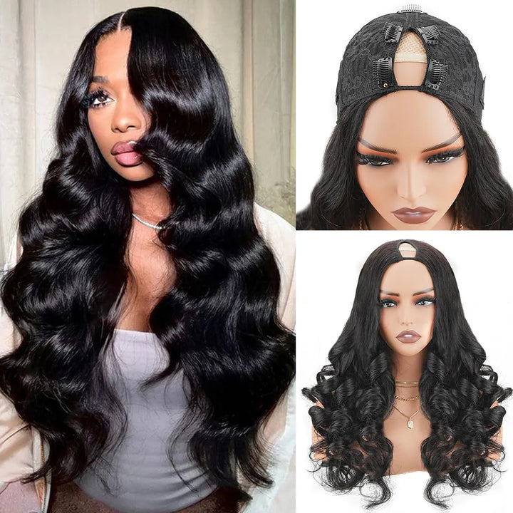 【Updated with Drawstring】Mamushow Body Wave V Part Wigs With Invisible Strap Drawstring 100% Human Virgin Hair Glueless Wig 180% Density Natural Black