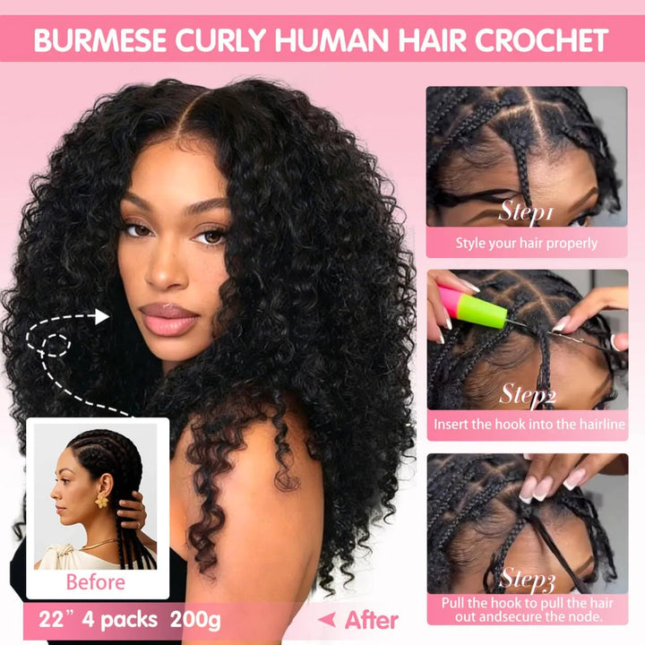 Mamushow Feather Crochet Human Hair Bundles for Miracle Knots Human Hair Burmese Curly Pre-Separated 50g/Pack Reusable Invisible 100% Virgin Human Hair Crochet Extensions Natural Black
