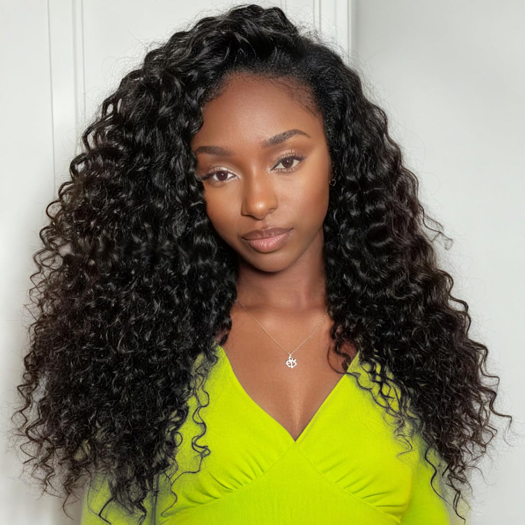 3-in-1 Deep Wave Half Wig Human Hair 180% Density Glueless Drawstring Wig Flexi-Fit Easy Wear
