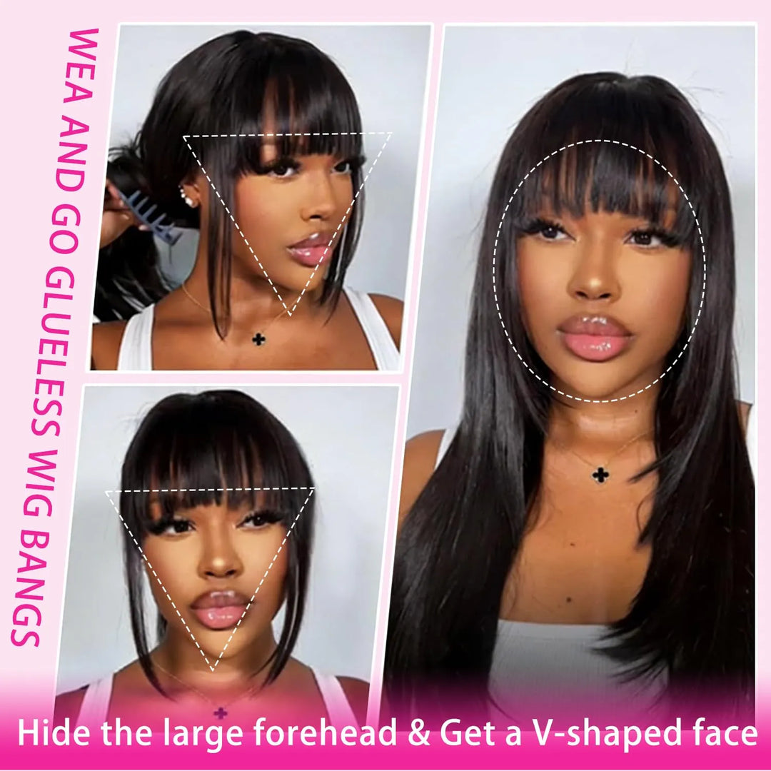 [New Upgrade Drawstring] Straight Wig with Bangs Human Hair 2x4 Lace Wig Glueless Machine Made Wig 180% Density Middle Part for Black Women