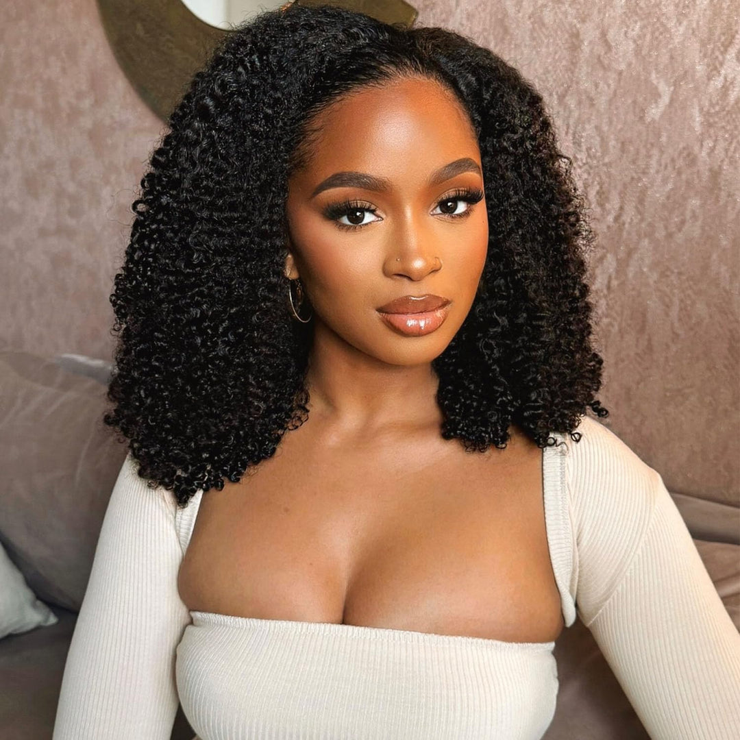 3-in-1 Afro Curly Half Wig Human Hair 180% Density Glueless Drawstring Wig Flexi-Fit Easy Wear