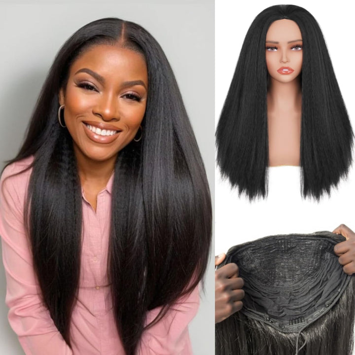 3-in-1  Kinky Straight Half Wig Human Hair 180% Density Glueless Drawstring Wig Flexi-Fit Easy Wear