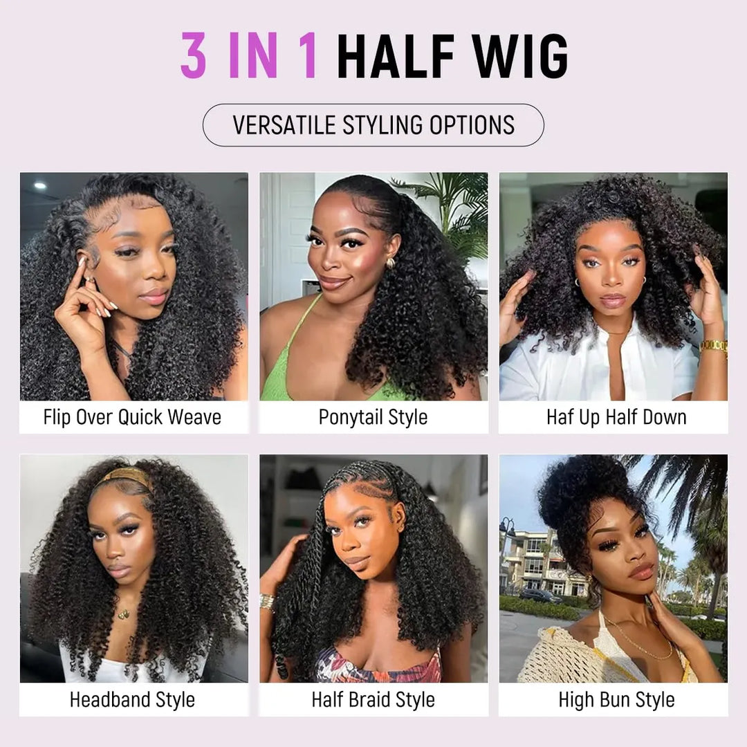3 in 1 Burmese Curly Half Wig Human Hair 200% Density Glueless Wear &amp; Go Wig Beginner Friendly