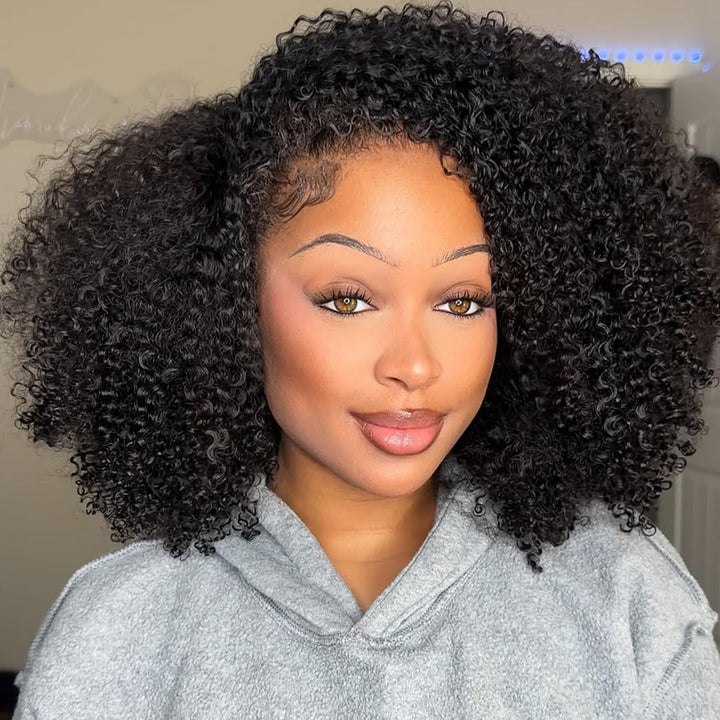 3-in-1 Afro Curly Half Wig Human Hair 180% Density Glueless Drawstring Wig Flexi-Fit Easy Wear