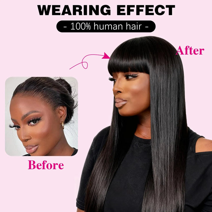 [New Upgrade Drawstring] Straight Wig with Bangs Human Hair 2x4 Lace Wig Glueless Machine Made Wig 180% Density Middle Part for Black Women