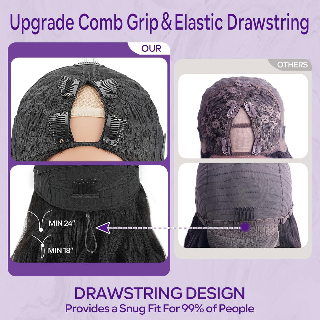 【Updated with Drawstring】Mamushow Body Wave V Part Wigs With Invisible Strap Drawstring 100% Human Virgin Hair Glueless Wig 180% Density Natural Black