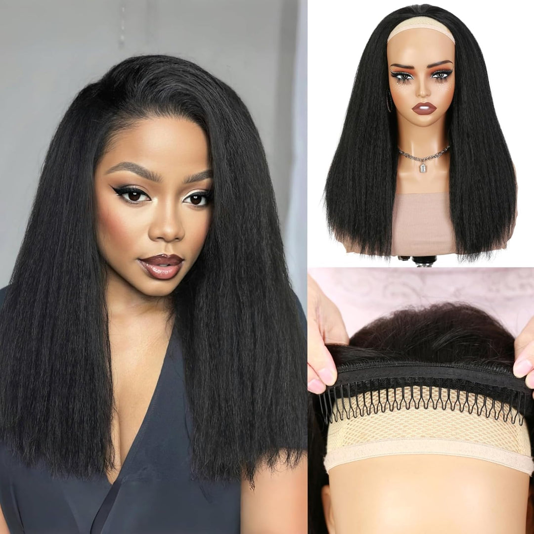 3-in-1 Yaki Straight Half Wig Human Hair 180% Density Glueless Drawstring Wig Flexi-Fit Easy Wear