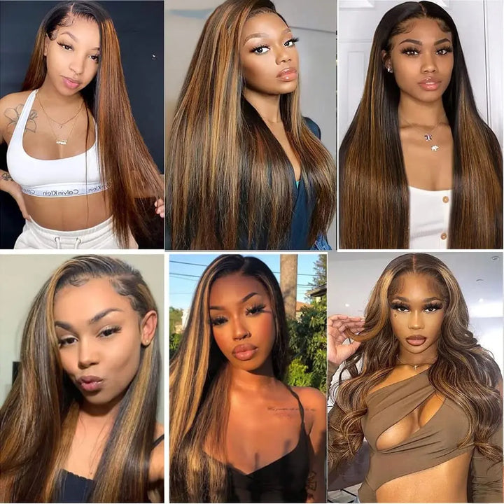 Highlight Ombre Brown V Part Wig Straight Human Hair 180% Density Glueless Clip-In Wig Full Head 