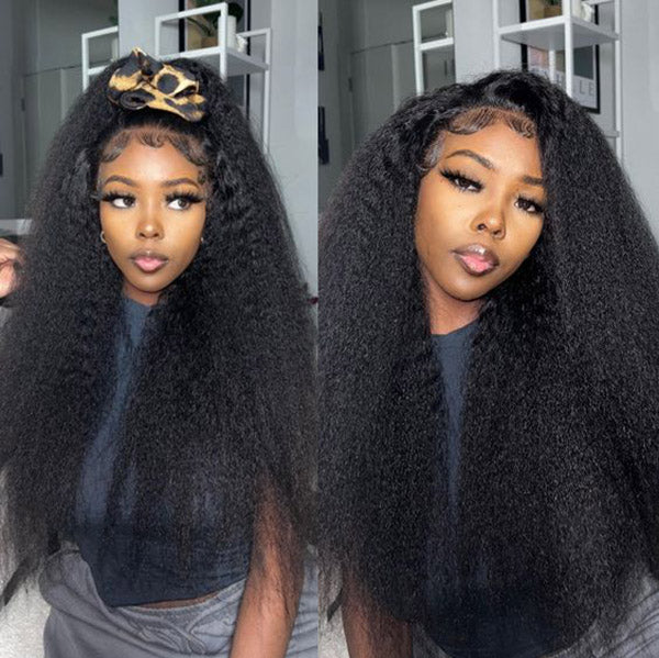 360 Lace Kinky Straight Wig Human Hair Invisible Drawstring Flexi-Fit Pre-Plucked Pre-Bleached Pre-Cut