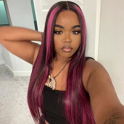 Black Hair With Purple Red Highlights Lace frontal Wigs Human Hair Body Wave/Straight Color Wig