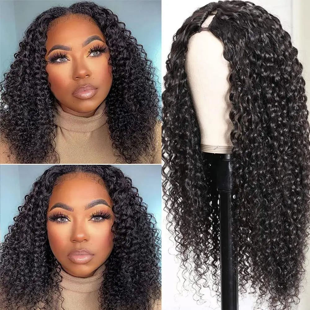 【Updated Drawstring】Mamushow Curly V Part Wig Human Hair Glueless Invisible Strap Drawstring 180% Density Natural Black